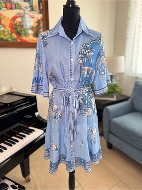 Light Blue Floral Shirtwaist Dress with Tie Waist